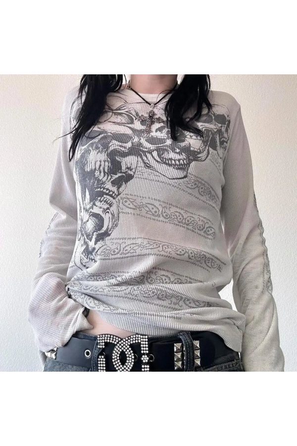 Skeleton Print Long Sleeve Mesh Top - Y2K Grunge Aesthetic Cute Top