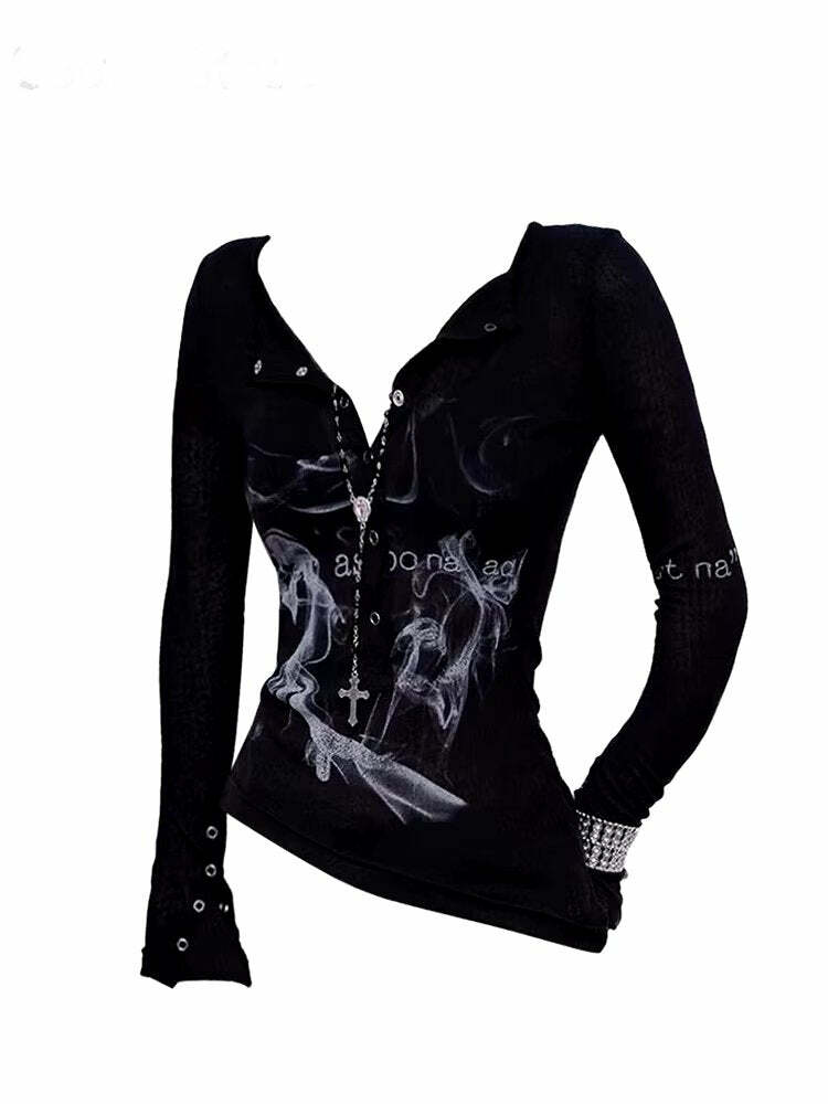 Smoke Print Goth Top - Y2K Fashion for Grunge & Coquette Aesthetic