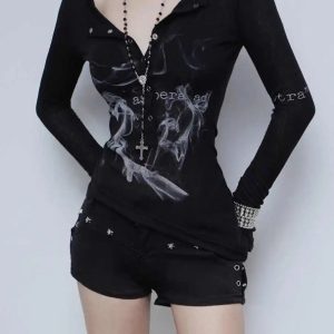 Smoke Print Goth Top - Y2K Fashion for Grunge & Coquette Aesthetic