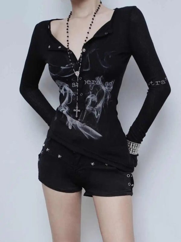 Smoke Print Goth Top - Y2K Fashion for Grunge & Coquette Aesthetic