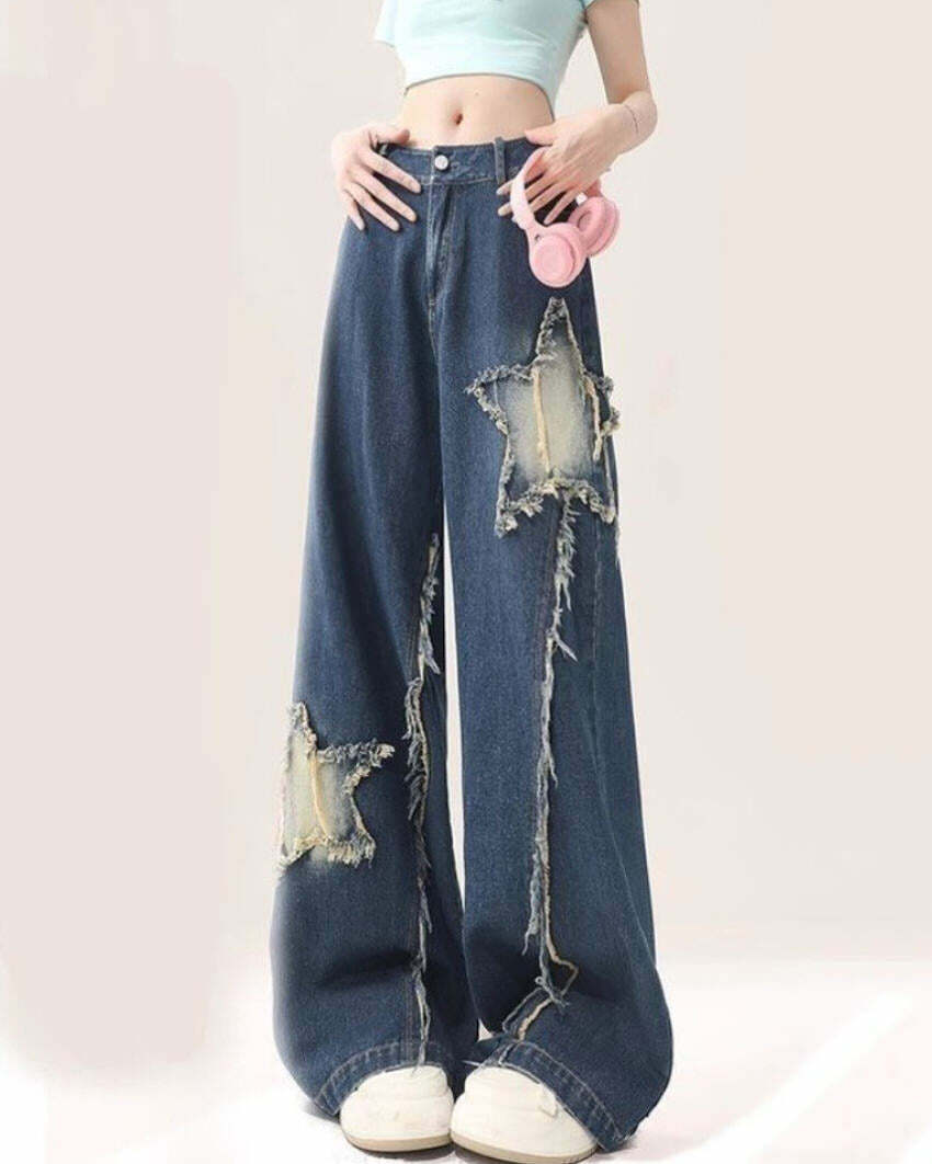 Star Patch Wide Leg Jeans - Y2K Fashion for Grunge & Coquette Aesthetics