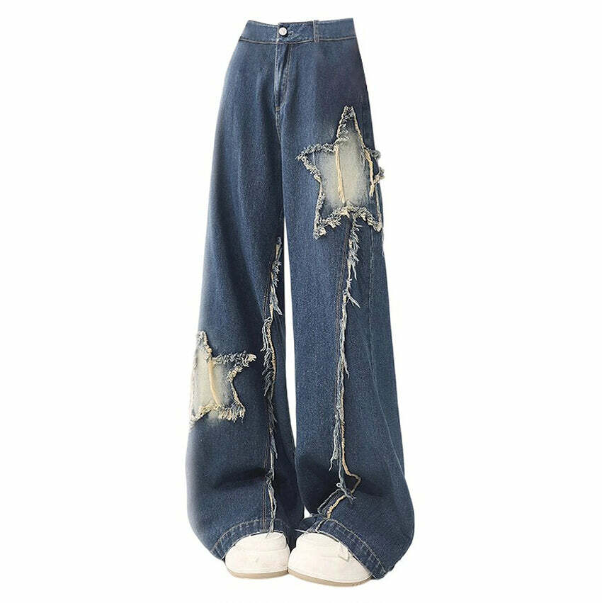 Star Patch Wide Leg Jeans - Y2K Fashion for Grunge & Coquette Aesthetics