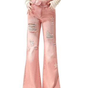 Starry Pink Distressed Jeans - Y2K Fashion for Coquette & Grunge Aesthetics