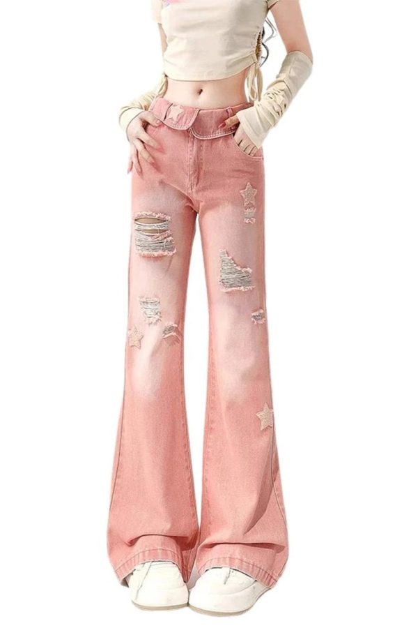 Starry Pink Distressed Jeans - Y2K Fashion for Coquette & Grunge Aesthetics