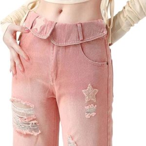 Starry Pink Distressed Jeans - Y2K Fashion for Coquette & Grunge Aesthetics