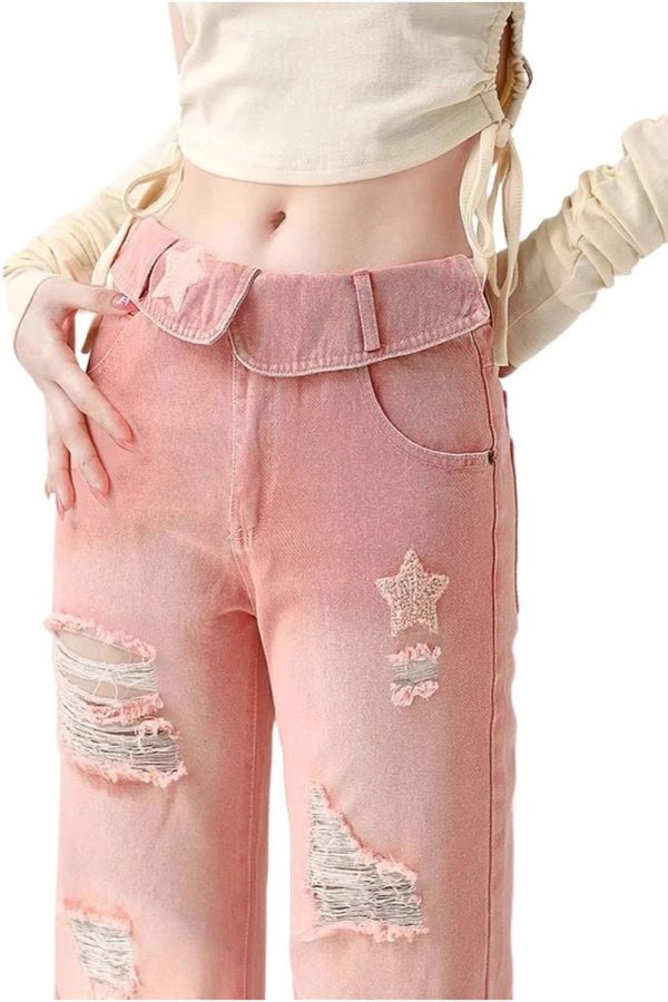 Starry Pink Distressed Jeans - Y2K Fashion for Coquette & Grunge Aesthetics