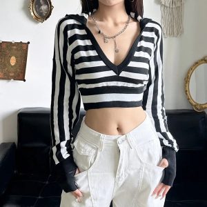 Striped Shadow Crop Hoodie - Y2K Fashion for Coquette & Grunge Aesthetics