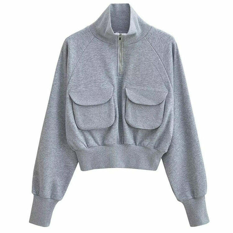 Trendy Grey Zip Up Sweatshirt for Y2K Fashion & Coquette Aesthetic