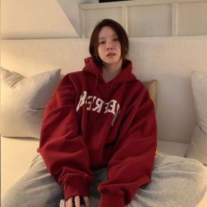 Trendy Oversized Maroon Graphic Hoodie for Y2K Fashion Lovers