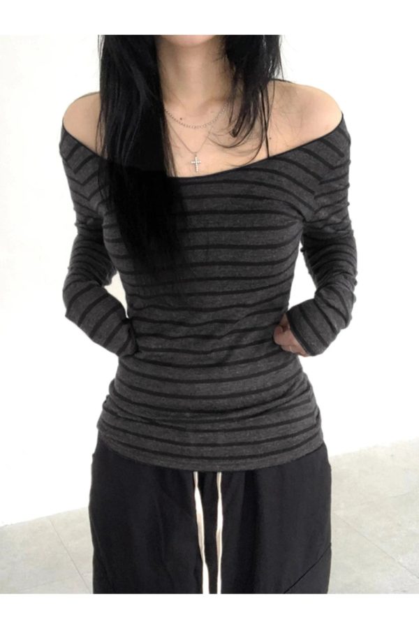 Trendy Striped Off-Shoulder Knit Top for Y2K Fashion & Aesthetic Vibes