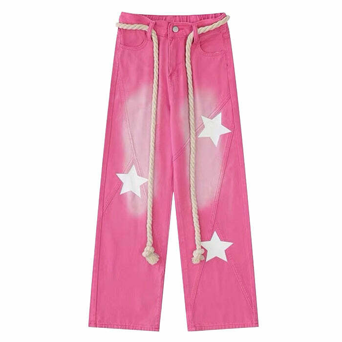 Trendy Y2K Pink Star Print Jeans for Coquette & Grunge Aesthetic