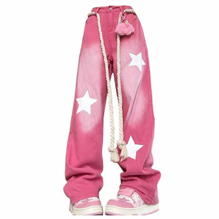 Trendy Y2K Pink Star Print Jeans for Coquette & Grunge Aesthetic