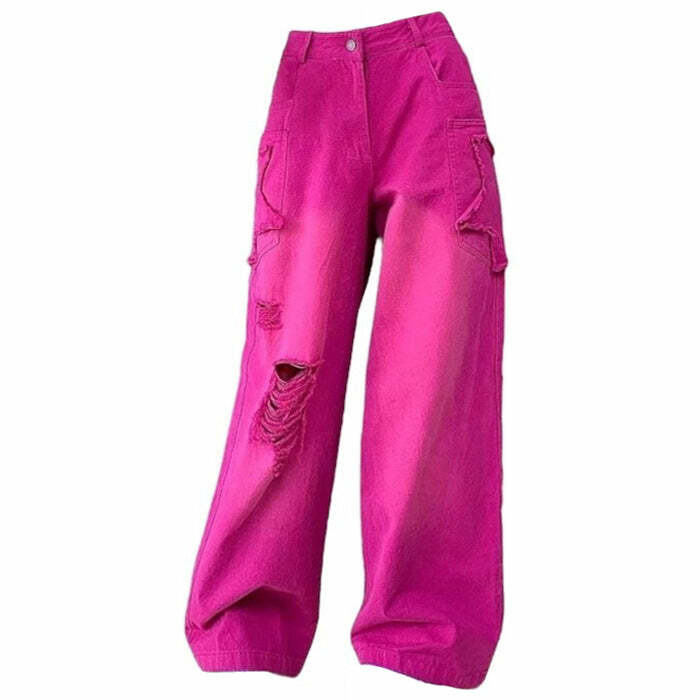 Trendy Y2K Pink Star Ripped Baggy Jeans for Coquette & Grunge Aesthetic