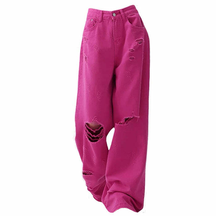 Trendy Y2K Pink Star Ripped Baggy Jeans for Coquette & Grunge Aesthetic