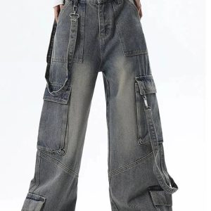 Trendy Y2K Wide-Leg Cargo Jeans for Grunge & Coquette Aesthetic