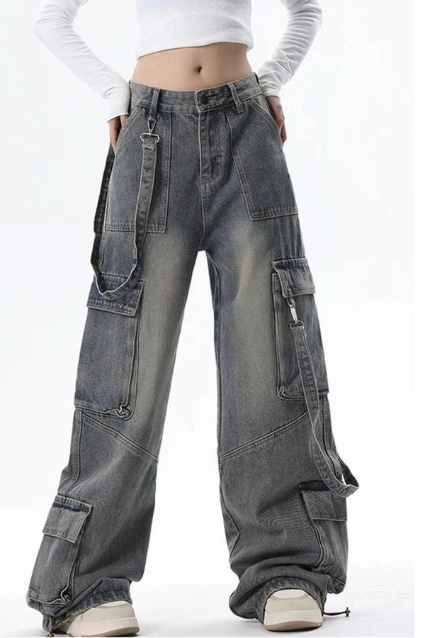 Trendy Y2K Wide-Leg Cargo Jeans for Grunge & Coquette Aesthetic