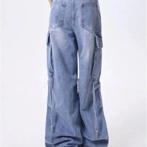 Trendy Y2K Wide-Leg Cargo Jeans for Grunge & Coquette Aesthetic