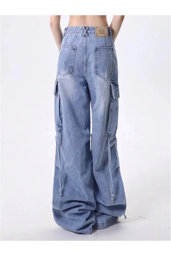 Trendy Y2K Wide-Leg Cargo Jeans for Grunge & Coquette Aesthetic