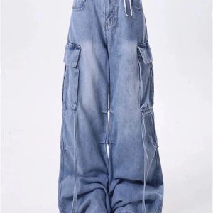 Trendy Y2K Wide-Leg Cargo Jeans for Grunge & Coquette Aesthetic