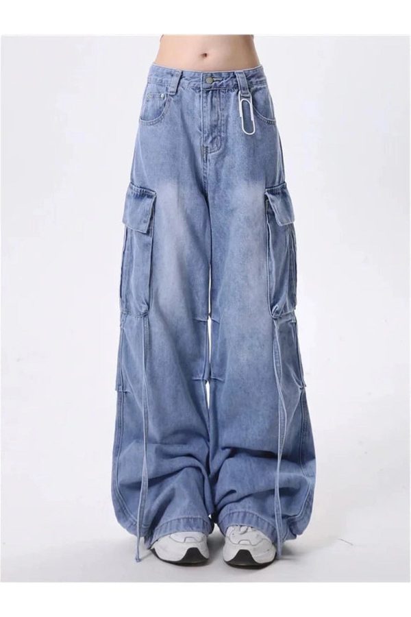 Trendy Y2K Wide-Leg Cargo Jeans for Grunge & Coquette Aesthetic