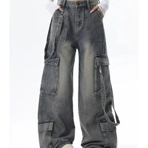 Trendy Y2K Wide-Leg Cargo Jeans for Grunge & Coquette Aesthetic