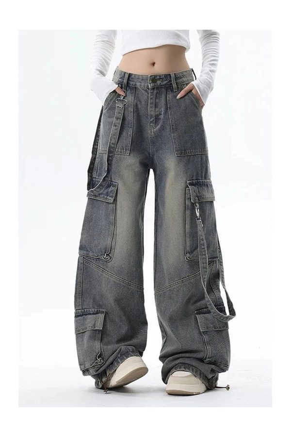 Trendy Y2K Wide-Leg Cargo Jeans for Grunge & Coquette Aesthetic