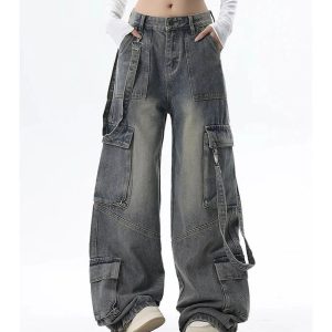 Trendy Y2K Wide-Leg Cargo Jeans for Grunge & Coquette Aesthetic