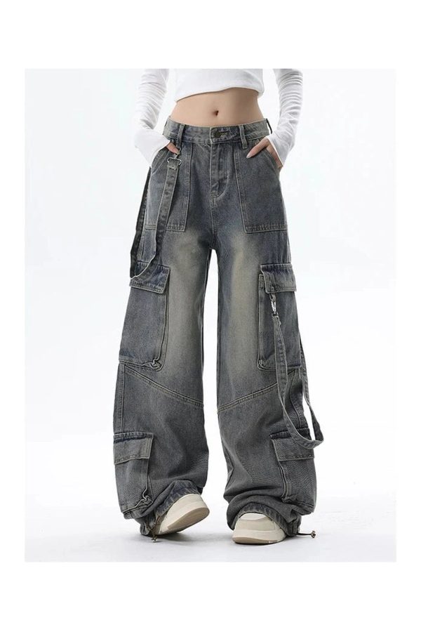 Trendy Y2K Wide-Leg Cargo Jeans for Grunge & Coquette Aesthetic