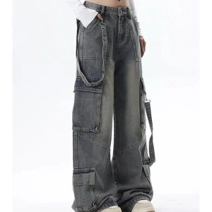 Trendy Y2K Wide-Leg Cargo Jeans for Grunge & Coquette Aesthetic