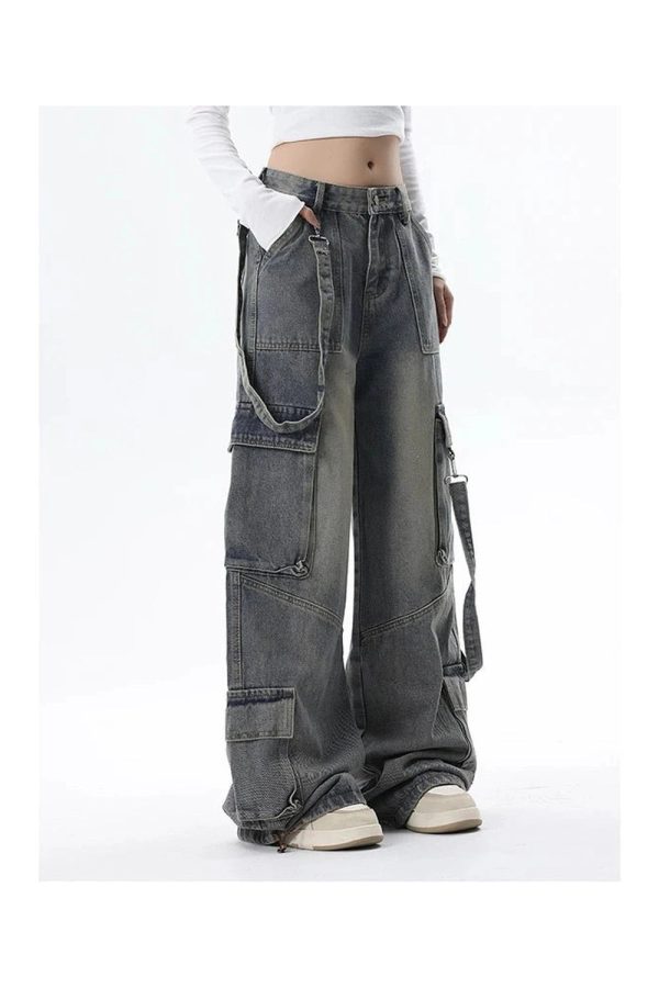 Trendy Y2K Wide-Leg Cargo Jeans for Grunge & Coquette Aesthetic