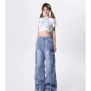 Trendy Y2K Wide-Leg Cargo Jeans for Grunge & Coquette Aesthetic