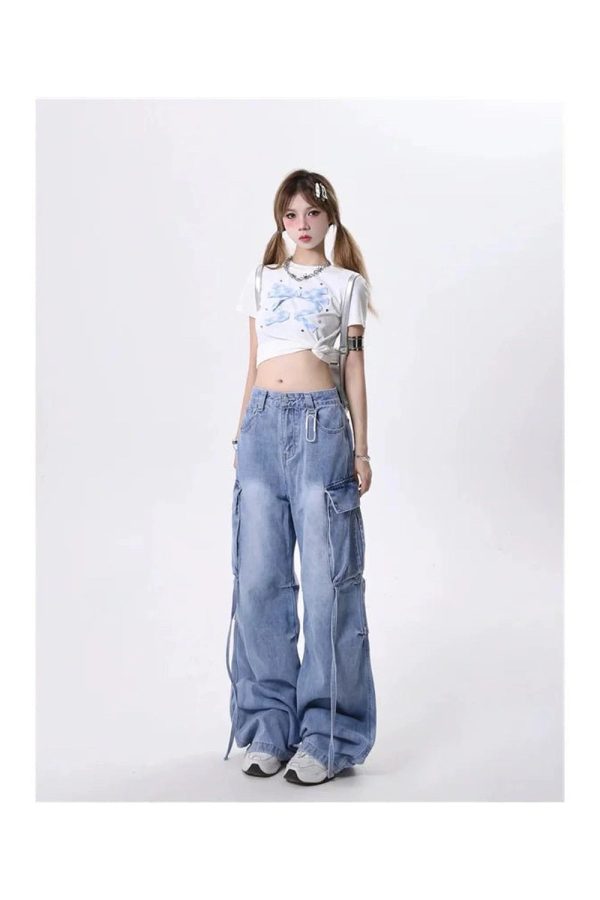 Trendy Y2K Wide-Leg Cargo Jeans for Grunge & Coquette Aesthetic