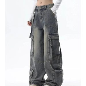 Trendy Y2K Wide-Leg Cargo Jeans for Grunge & Coquette Aesthetic