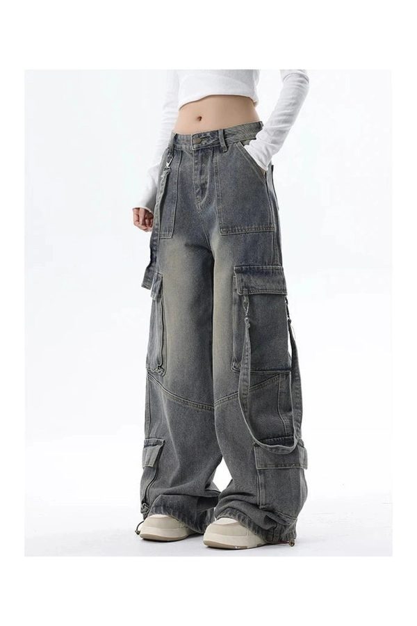 Trendy Y2K Wide-Leg Cargo Jeans for Grunge & Coquette Aesthetic