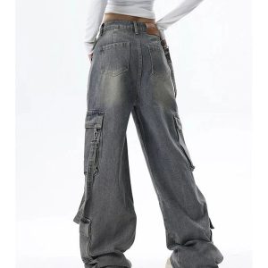 Trendy Y2K Wide-Leg Cargo Jeans for Grunge & Coquette Aesthetic