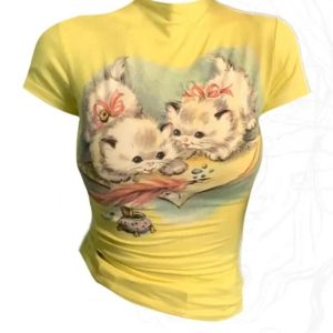 Vintage Kitten Graphic Top - Y2K Aesthetic Cute Top for Coquette & Grunge