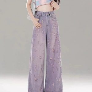 Vintage Lilac Distressed Wide-Leg Jeans for Y2K Fashion & Aesthetic Outfits