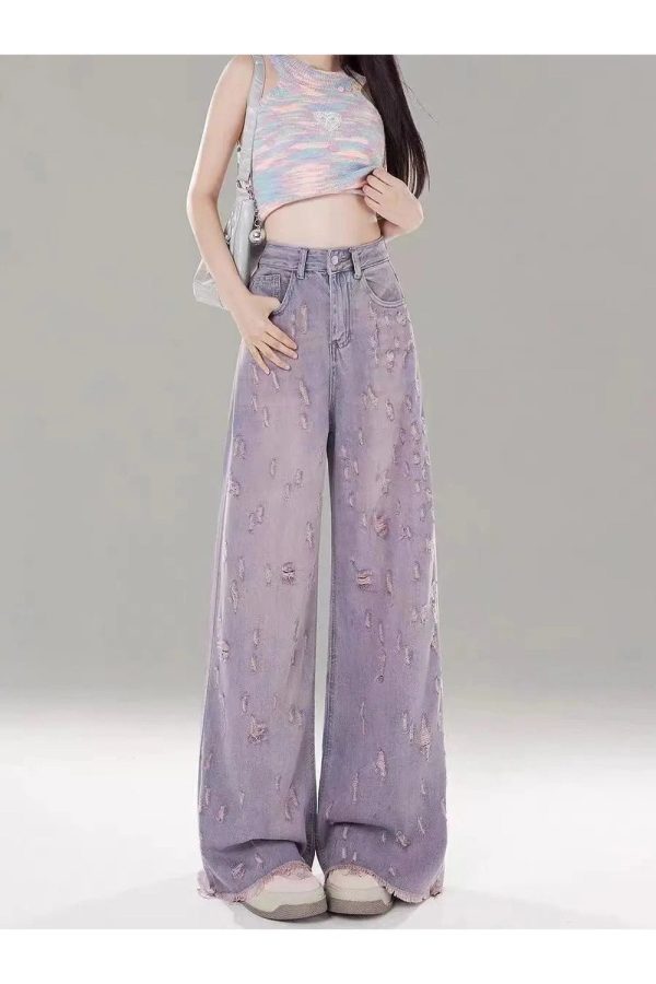 Vintage Lilac Distressed Wide-Leg Jeans for Y2K Fashion & Aesthetic Outfits