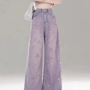 Vintage Lilac Distressed Wide-Leg Jeans for Y2K Fashion & Aesthetic Outfits