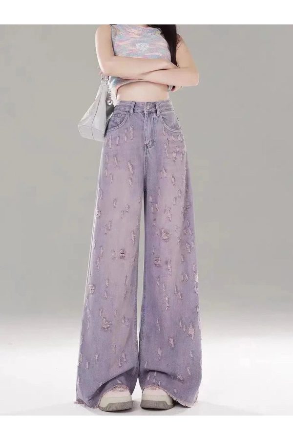 Vintage Lilac Distressed Wide-Leg Jeans for Y2K Fashion & Aesthetic Outfits