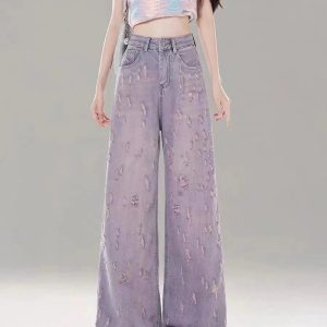 Vintage Lilac Distressed Wide-Leg Jeans for Y2K Fashion & Aesthetic Outfits