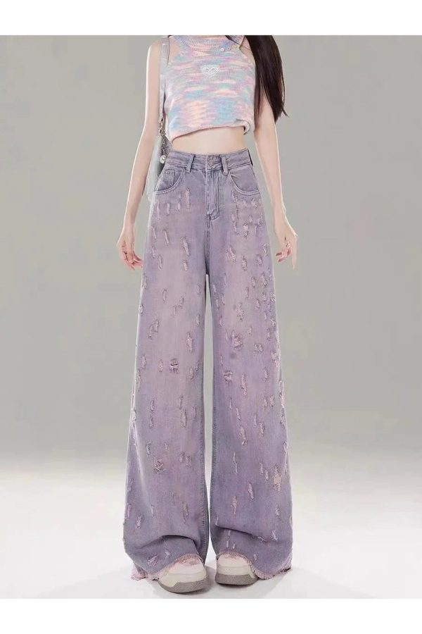 Vintage Lilac Distressed Wide-Leg Jeans for Y2K Fashion & Aesthetic Outfits