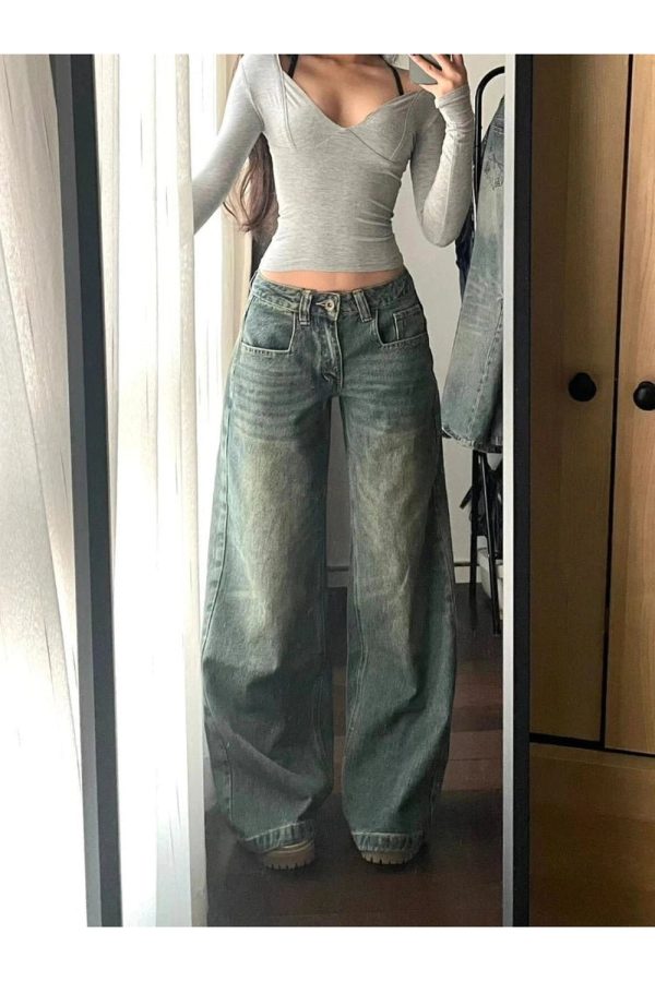 Vintage Washed Wide-Leg Jeans for Y2K Fashion & Grunge Aesthetic Outfits