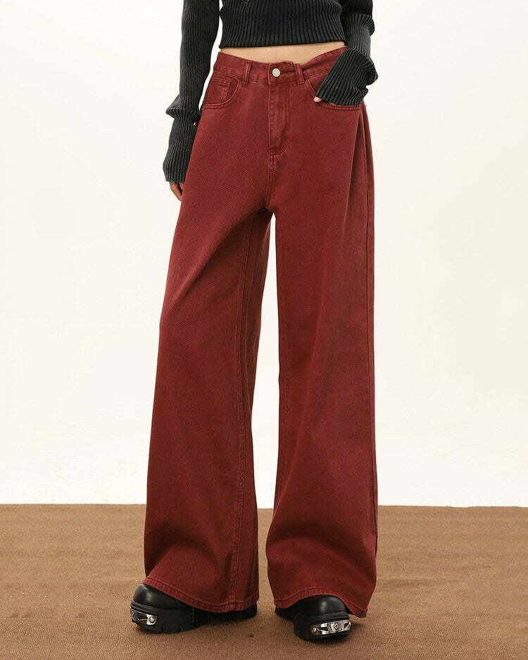 Wine Red Wide-Leg Jeans for Y2K Fashion: Grunge & Coquette Aesthetic