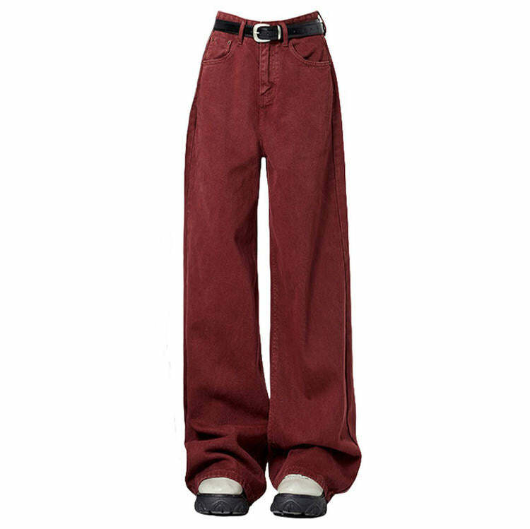 Wine Red Wide-Leg Jeans for Y2K Fashion: Grunge & Coquette Aesthetic