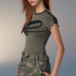 Worn Out Logo Knit Top - Y2K Fashion Essential for Coquette & Grunge Aesthetic