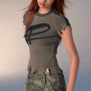 Worn Out Logo Knit Top - Y2K Fashion Essential for Coquette & Grunge Aesthetic