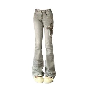 Y2K Aesthetic Cross Patch Flare Denim Jeans for Trendy Outfits