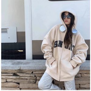 Y2K Aesthetic Fall Neutral Varsity Zip-Up Hoodie for Trendy Outfits