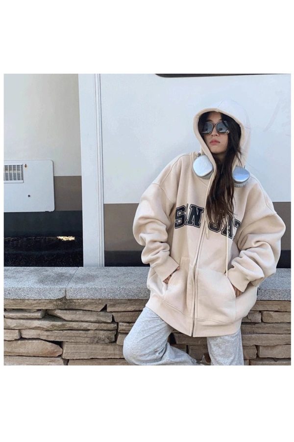 Y2K Aesthetic Fall Neutral Varsity Zip-Up Hoodie for Trendy Outfits